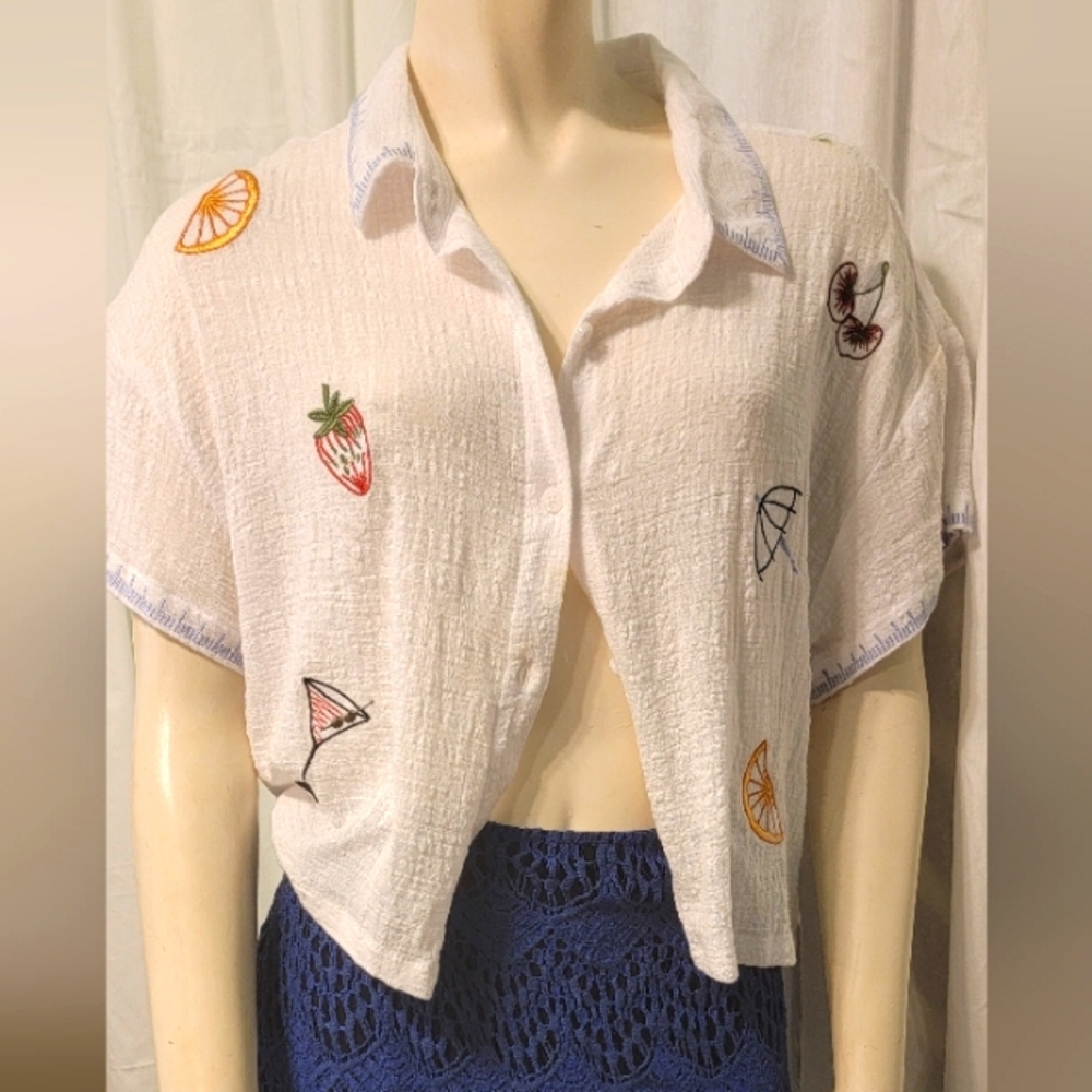 Embroidered Cotton Seersucker Cocktail Detailing button down shirt XL NEW